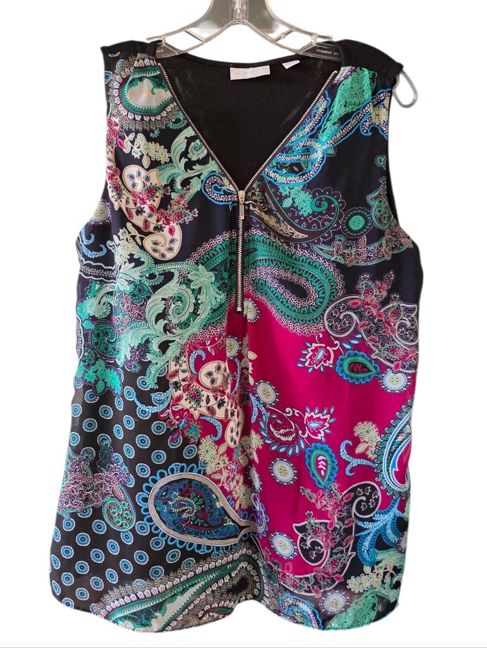 New York & Company Multicolor Paisley Zip-Front Sleeveless Top Size Medium